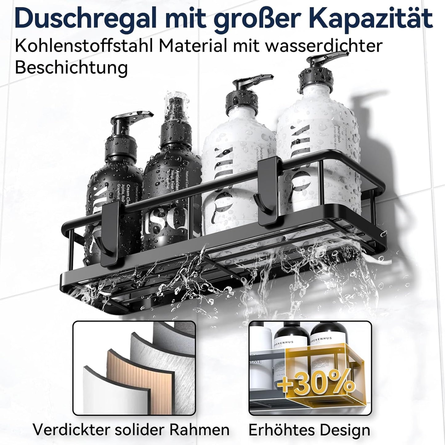 YASONIC Duschablage ohne Bohren, Badezimmer Organizer mit großer Kapazität, schnell trocknende Duschregal ohne Bohren, Shampoo Halterung für Dusche mit 4 Haken, rostfreie Badregal Duschablage Schwarz