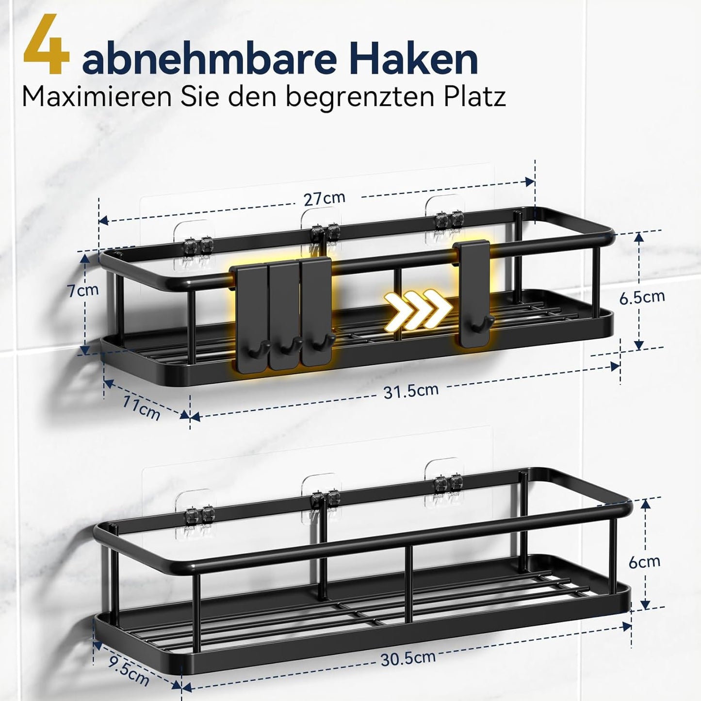 YASONIC Duschablage ohne Bohren, Badezimmer Organizer mit großer Kapazität, schnell trocknende Duschregal ohne Bohren, Shampoo Halterung für Dusche mit 4 Haken, rostfreie Badregal Duschablage Schwarz
