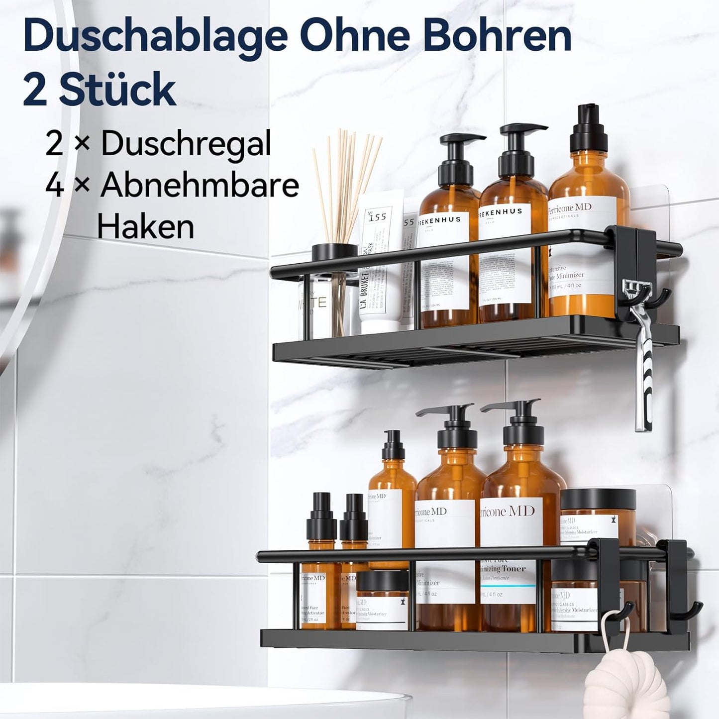 YASONIC Duschablage ohne Bohren, Badezimmer Organizer mit großer Kapazität, schnell trocknende Duschregal ohne Bohren, Shampoo Halterung für Dusche mit 4 Haken, rostfreie Badregal Duschablage Schwarz