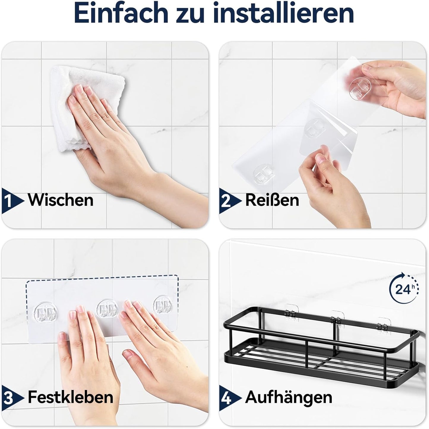 YASONIC Duschablage ohne Bohren, Badezimmer Organizer mit großer Kapazität, schnell trocknende Duschregal ohne Bohren, Shampoo Halterung für Dusche mit 4 Haken, rostfreie Badregal Duschablage Schwarz