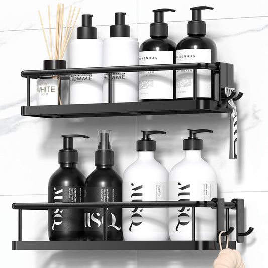 YASONIC Duschablage ohne Bohren, Badezimmer Organizer mit großer Kapazität, schnell trocknende Duschregal ohne Bohren, Shampoo Halterung für Dusche mit 4 Haken, rostfreie Badregal Duschablage Schwarz