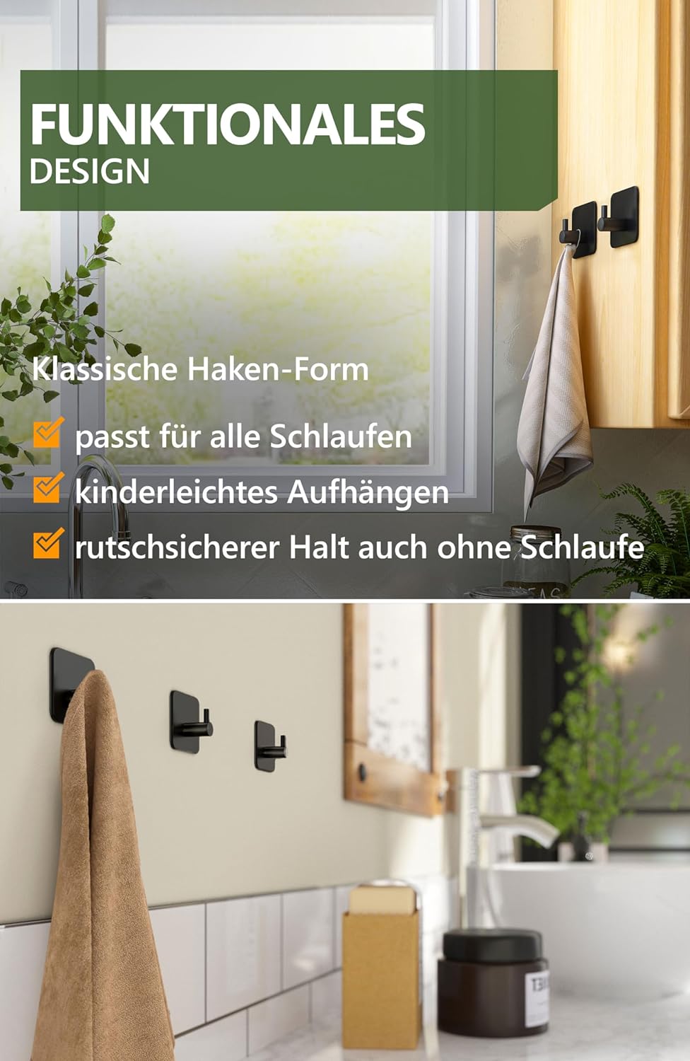 4smile Handtuchhalter ohne Bohren, 6er Set, schwarz - Badezimmer Handtuchhalter aus Edelstahl, funktionale Klebehaken, hohe Tragkraft - Wasserfeste Haken für Bad, Haken selbstklebend, Handtuchhaken